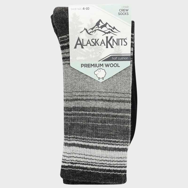 Alaska Knits Women's Landscape Striped 1/2 Cushion Wool Blend Crew Socks - Black 4-10