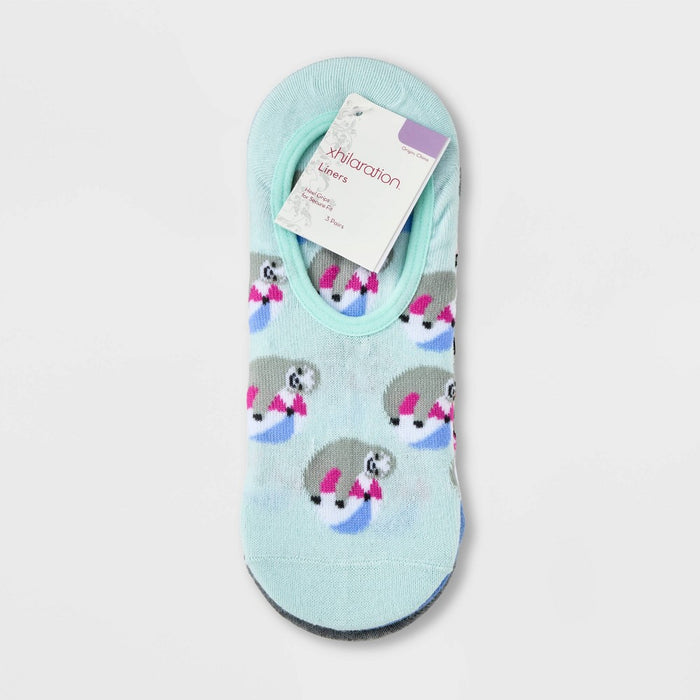 Women's Summer Sloth and Panda 3pk Liner Socks - Xhilaration Mint/White/Heather Gray 4-10