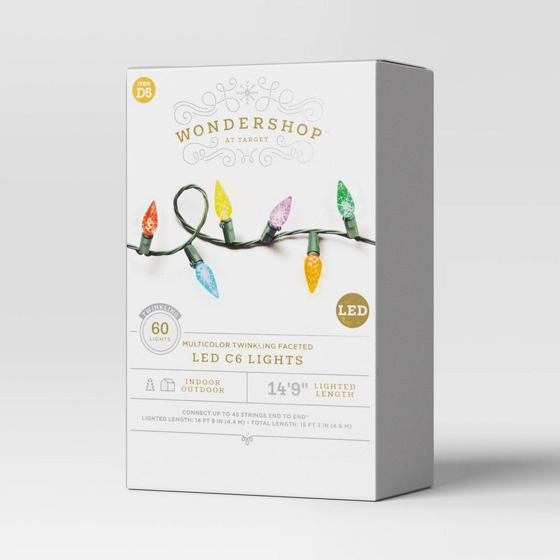 60ct LED C6 Faceted Twinkling Christmas String Lights Multicolor with Green Wire - Wondershop