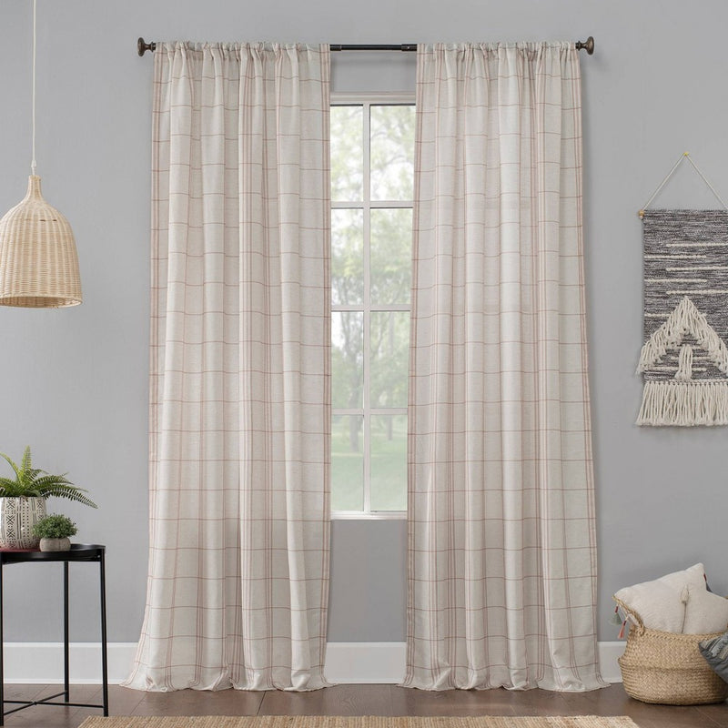 84"x54" Castille Farmhouse Plaid Beige Semi-Sheer Rod Pocket Curtain Panel Pink/Beige - No. 918