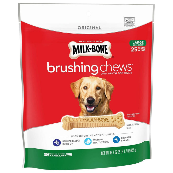 Milk-Bone Beef Brushing Chews Daily Chicken Dental Dog Treats Large - 33.7oz/25ct per bag