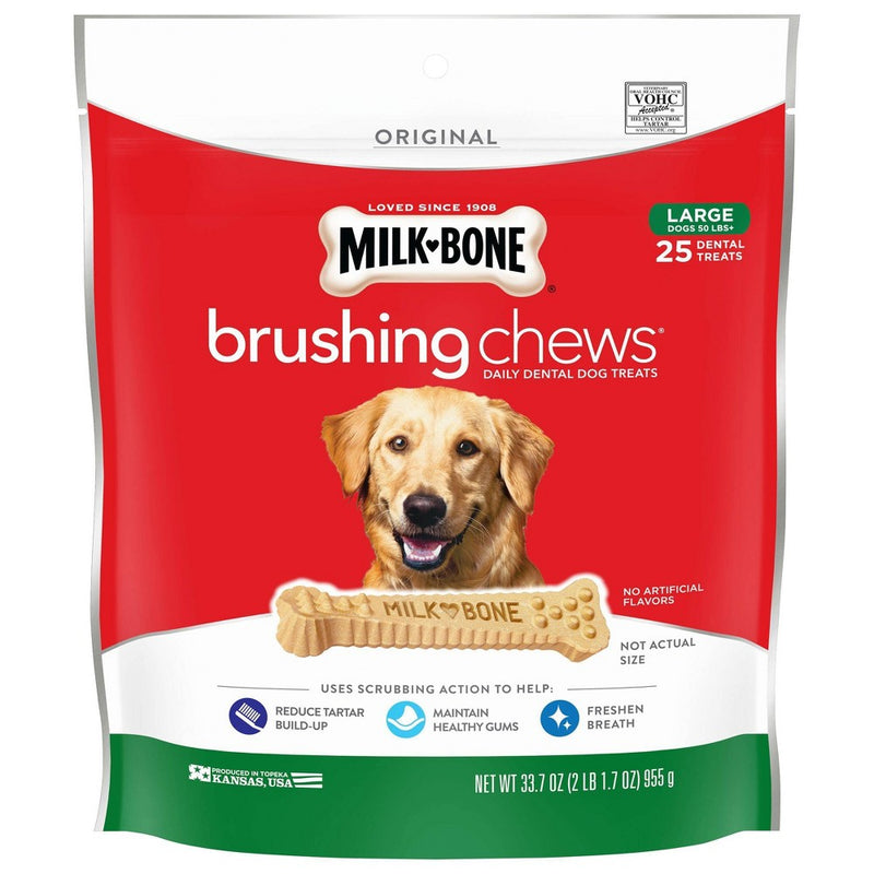 Milk-Bone Beef Brushing Chews Daily Chicken Dental Dog Treats Large - 33.7oz/25ct per bag