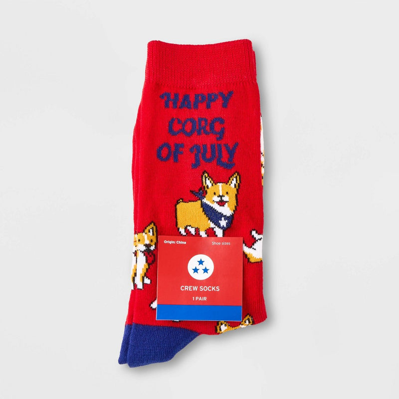 Women's 'Happy Corg of July' Dog Crew Socks - Red 4-10