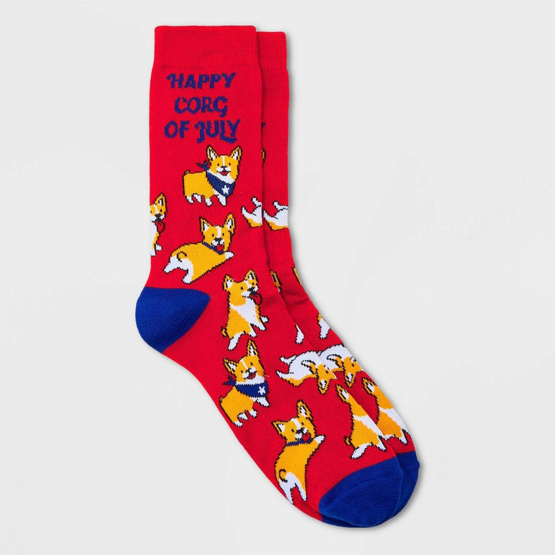 Women's 'Happy Corg of July' Dog Crew Socks - Red 4-10