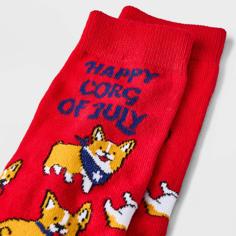 Women's 'Happy Corg of July' Dog Crew Socks - Red 4-10