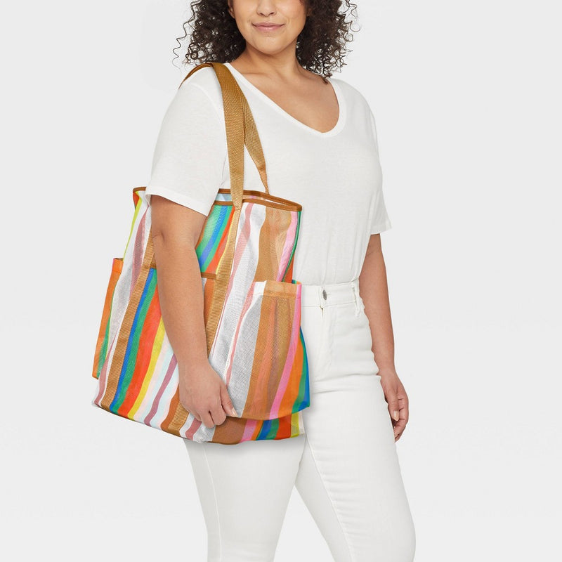 Striped Mesh Tote Handbag - Shade & Shore