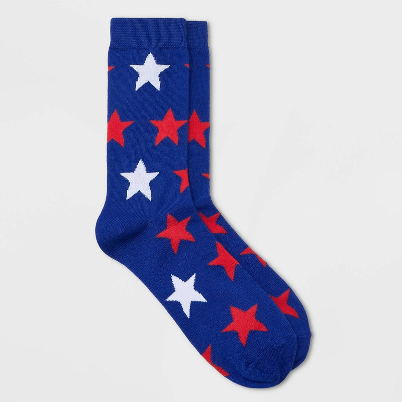 Women's Sparkly Star Crew Socks - Blue/Red/Silver 4-10