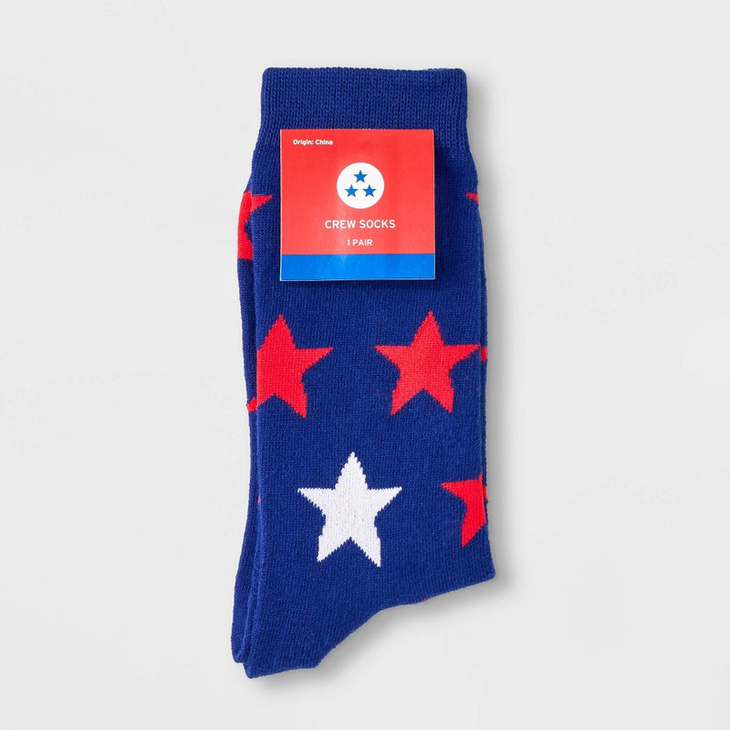 Women's Sparkly Star Crew Socks - Blue/Red/Silver 4-10