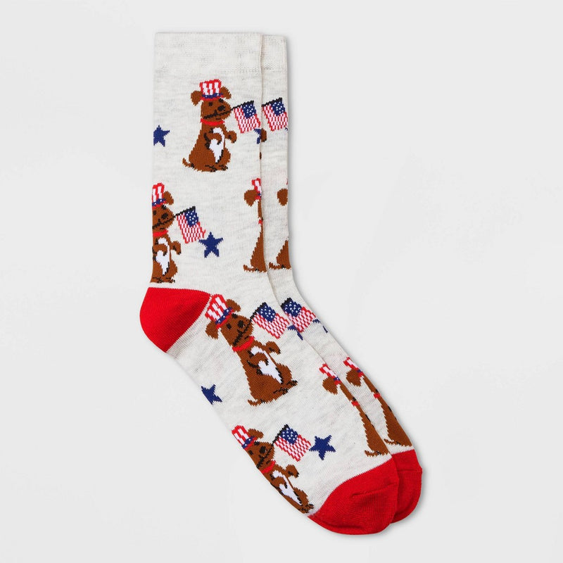 Women's Patriotic Pup Crew Socks - Heather Gray 4-10