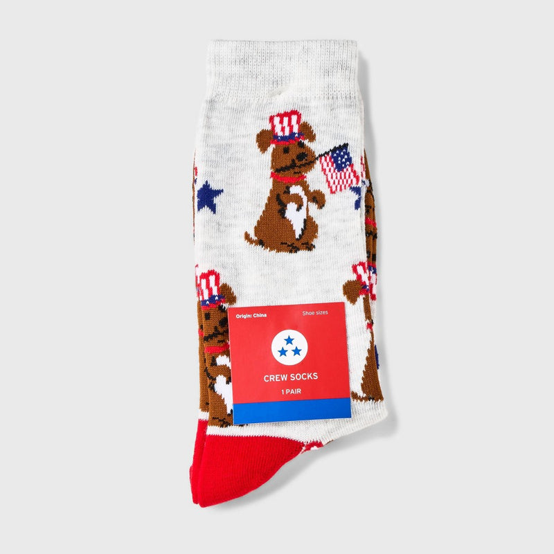 Women's Patriotic Pup Crew Socks - Heather Gray 4-10