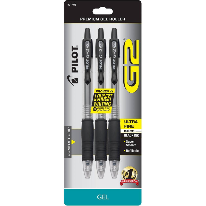Pilot 3ct G2 Gel Pens Ultra Fine Point 0.38mm Black Ink