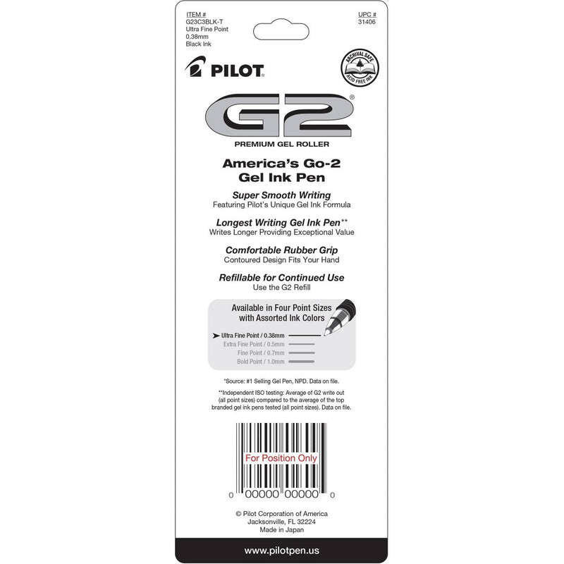 Pilot 3ct G2 Gel Pens Ultra Fine Point 0.38mm Black Ink