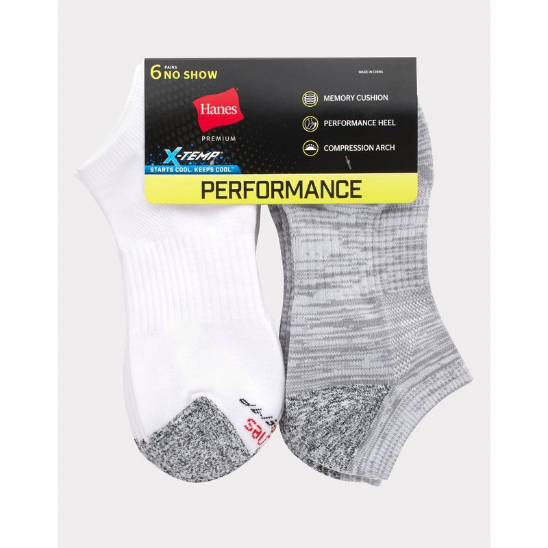 Hanes Premium Men's Performance Filament No Show Socks 6pk - White/Gray 6-12