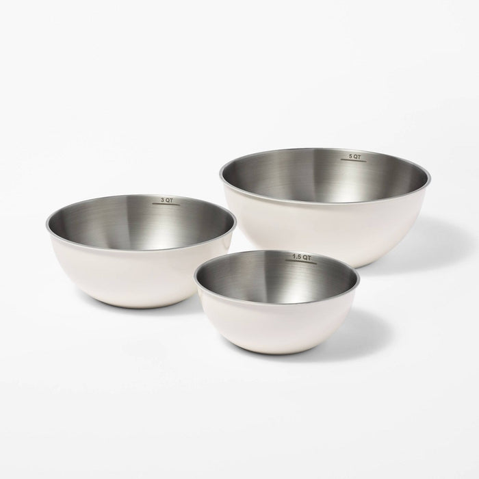 3pc (5qt, 3qt & 1.5qt) Stainless Steel Non-Slip Mixing Bowls (no lids) Cream - Figmint