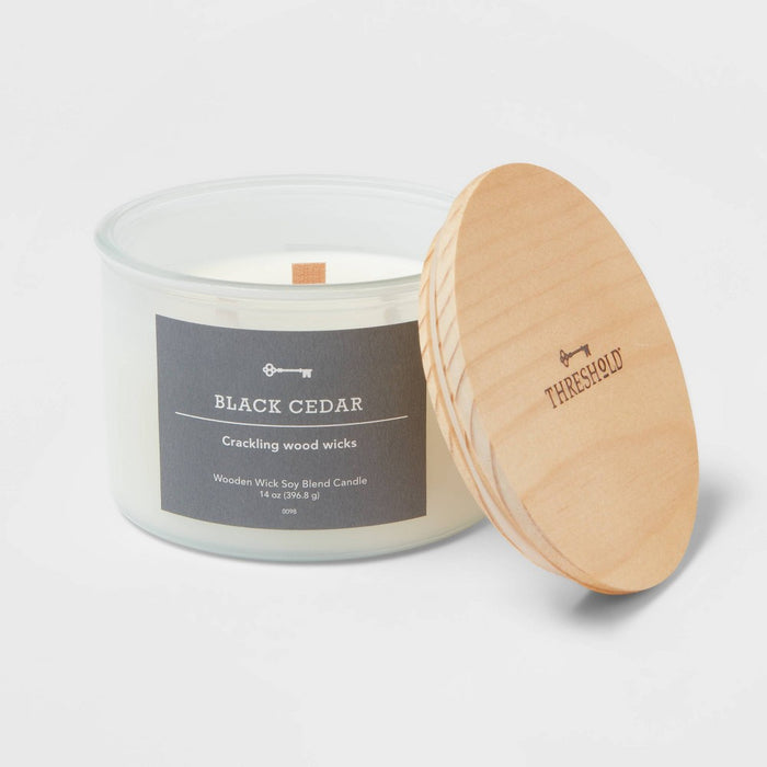 14oz 3-Wicks Milky White Glass Woodwick Candle with Wood Lid and Stamped Logo Black Cedar - Threshold
