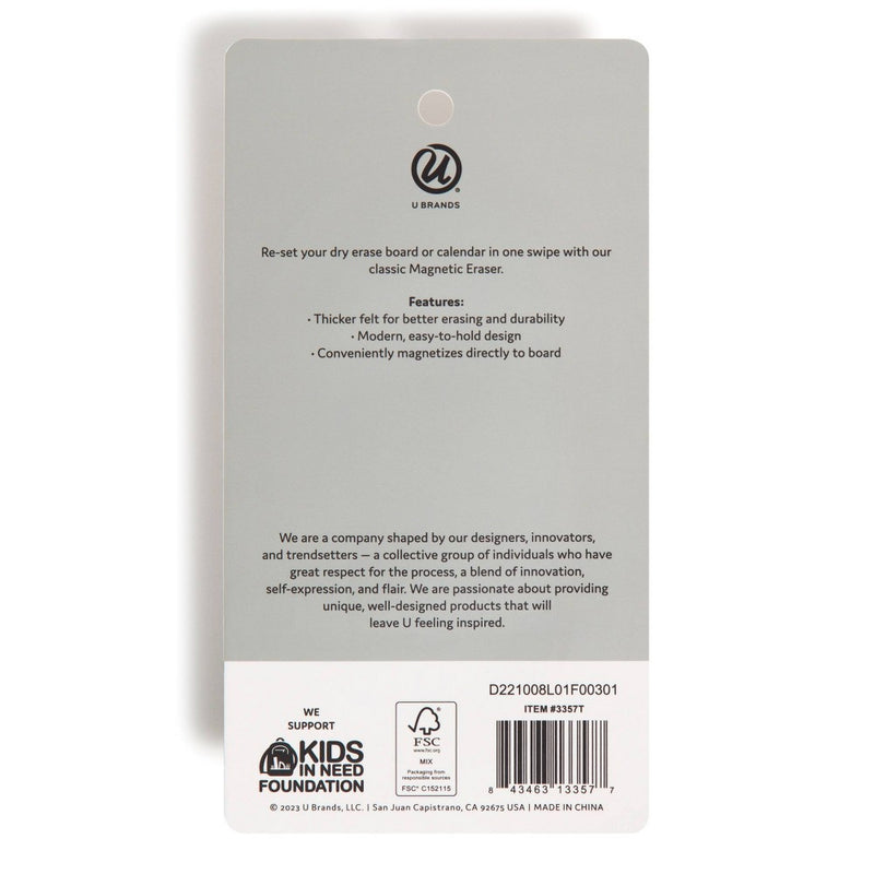 U Brands 3.5" x 7" Magnetic Board Eraser White