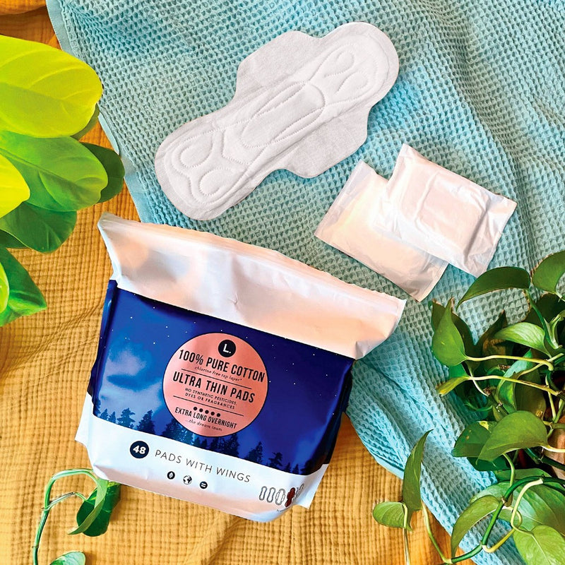 L . Pure Cotton Chlorine Free Top Layer Ultra Thin With Wing Overnight Unscented Absorbency Pads With Wings - 48ct