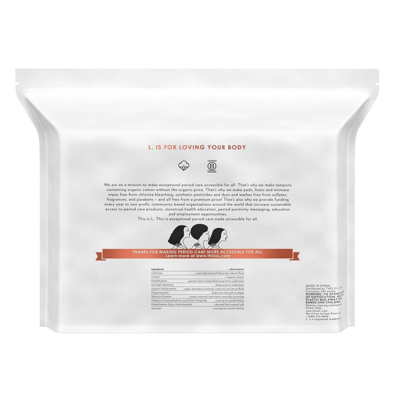 L . Pure Cotton Chlorine Free Top Layer Ultra Thin With Wing Overnight Unscented Absorbency Pads With Wings - 48ct