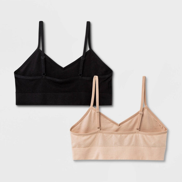 Girls' Solid 2pk Ribbed Longline Bra - art class Black L