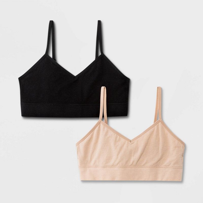 Girls' Solid 2pk Ribbed Longline Bra - art class Black L