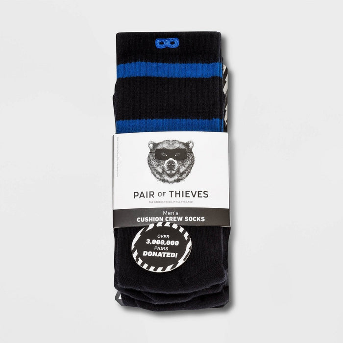 Pair of Thieves Men's 3pk Stripe Cushion Crew Casual Socks - Blue/Green/White 8-12