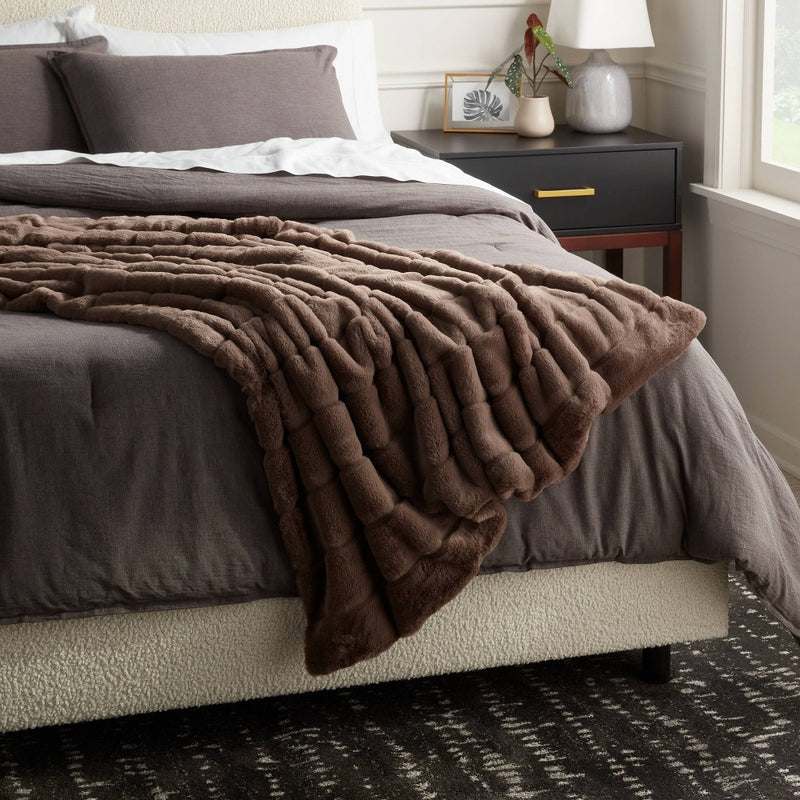 55"x80" Faux Fur Ribbed Bed Throw Dark Brown - Threshold