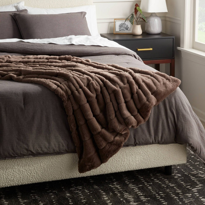 55"x80" Faux Fur Ribbed Bed Throw Dark Brown - Threshold