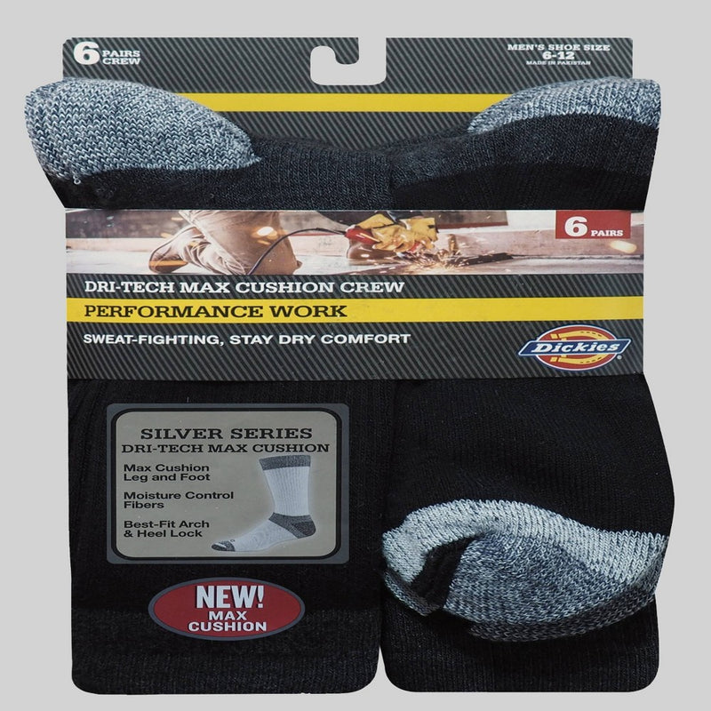 Dickies Men's Dri-Tech Max Cushion Crew Socks - Black 6-12
