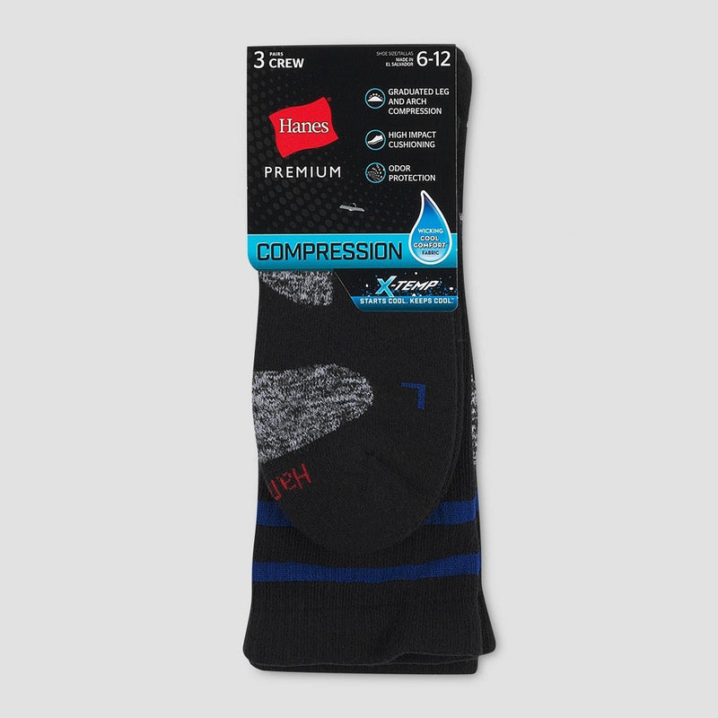 Hanes Premium Men's Compression Crew Socks 3pk - Black 6-12