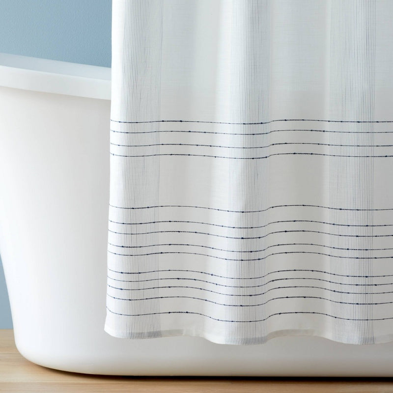 Pinstripe Border Textured Shower Curtain Blue - Hearth & Hand with Magnolia