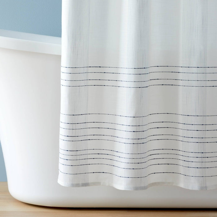 Pinstripe Border Textured Shower Curtain Blue - Hearth & Hand with Magnolia