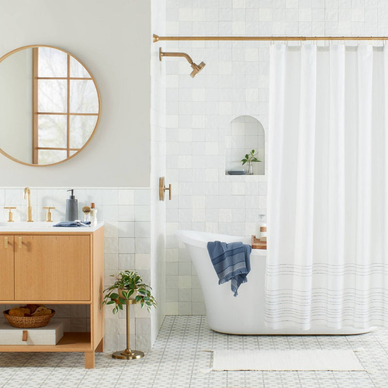 Pinstripe Border Textured Shower Curtain Blue - Hearth & Hand with Magnolia