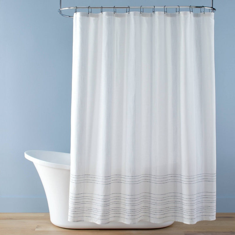 Pinstripe Border Textured Shower Curtain Blue - Hearth & Hand with Magnolia