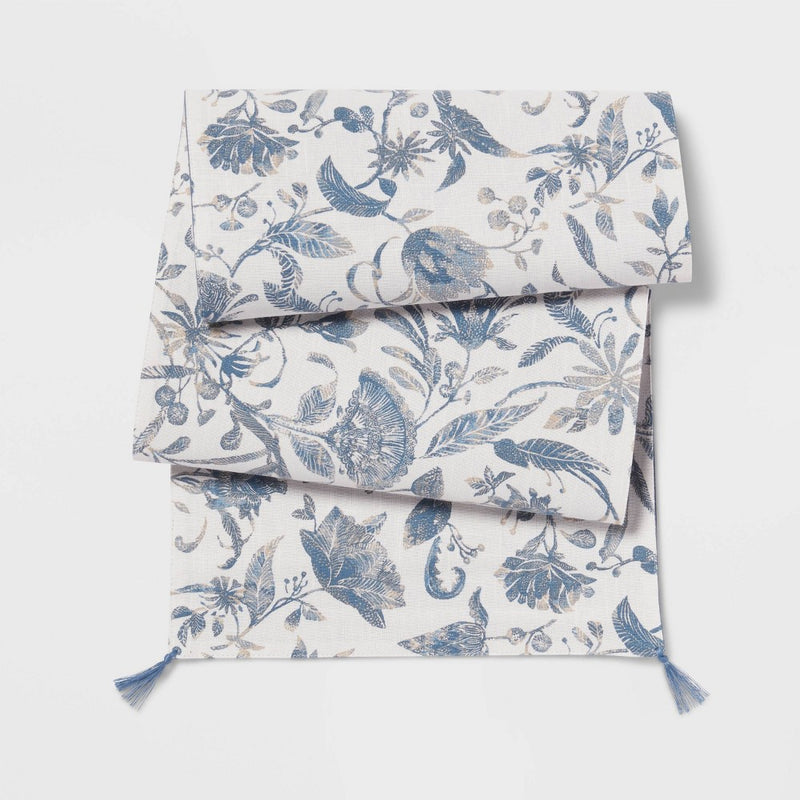 72" x 14" Cotton Floral Table Runner Blue - Threshold