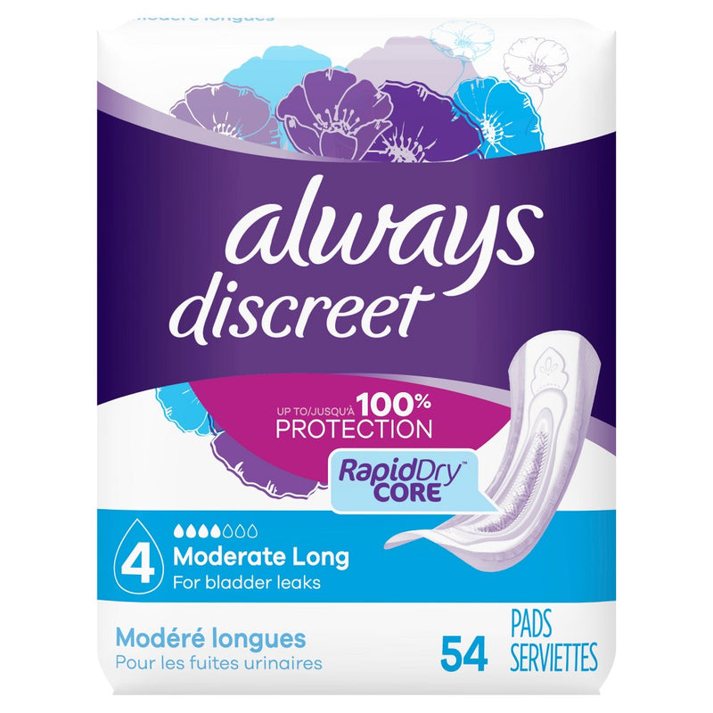 Always Discreet Moderate Long Absorbency 4 Drop Base Pads - 54ct