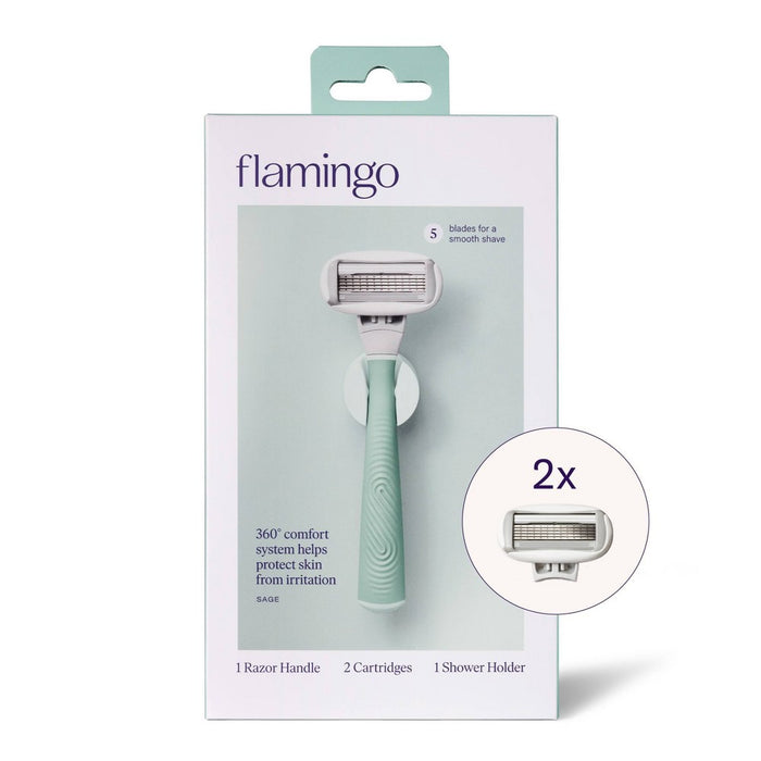 Flamingo 5-Blade Women's Razor - 1 Razor Handle + 2 Razor Blade Refills - Sage