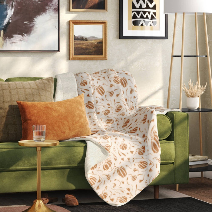 Mini Pumpkin Printed Plush with Shearling Reverse Throw Blanket Neutral/Cream - Threshold