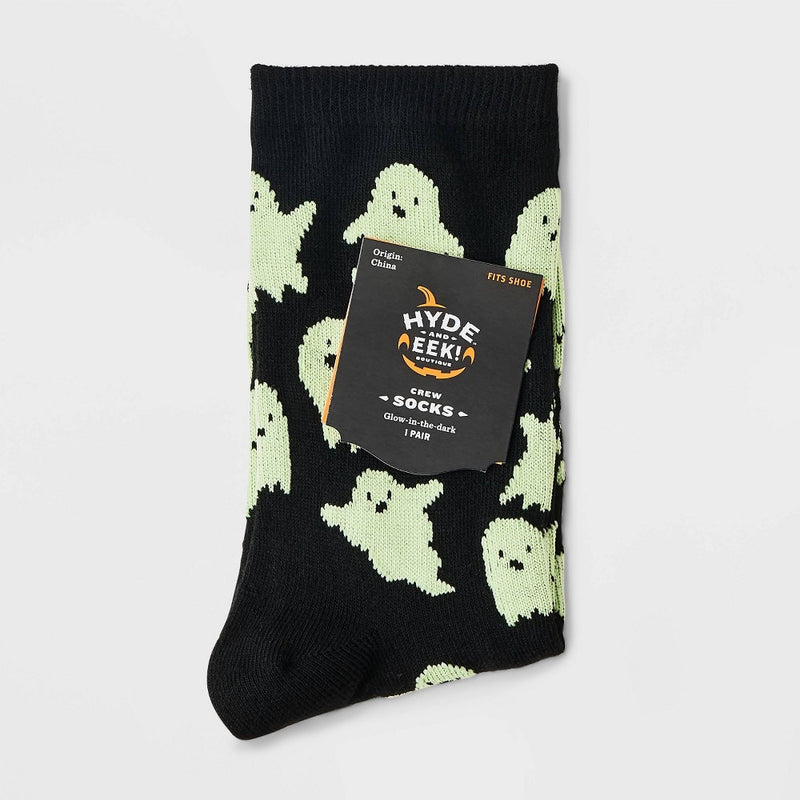 Women's Glow-In-The-Dark Ghost Halloween Crew Socks - Hyde & EEK! Boutique Black 4-10