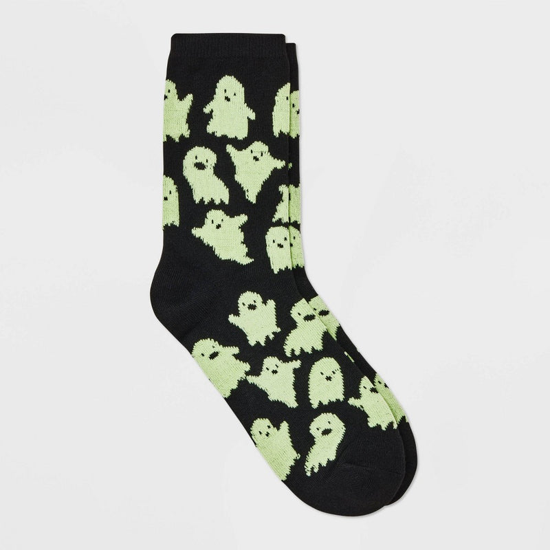 Women's Glow-In-The-Dark Ghost Halloween Crew Socks - Hyde & EEK! Boutique Black 4-10