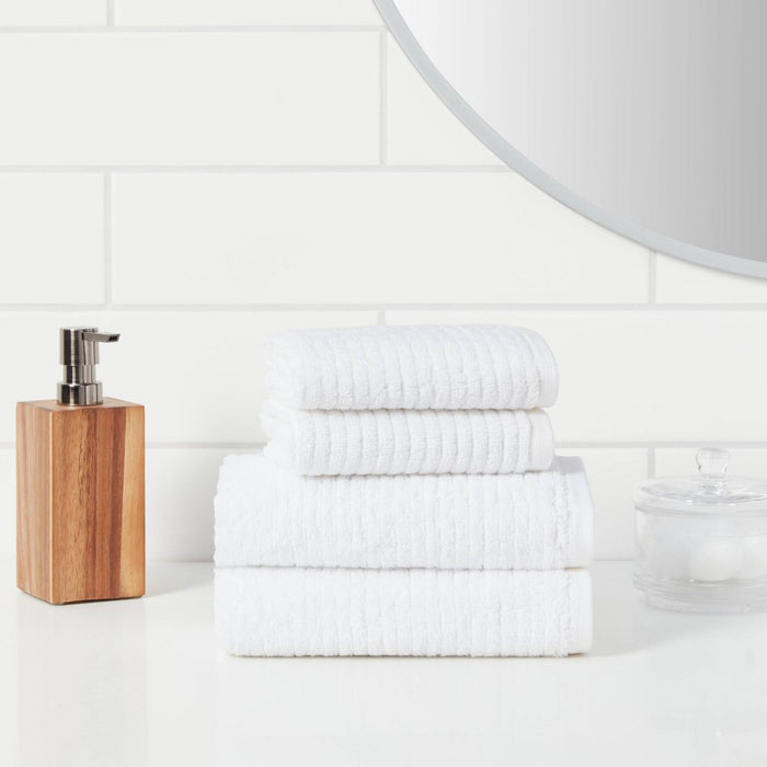 4pk Quick Dry Ribbed Hand/Wash Towel Set White - Threshold