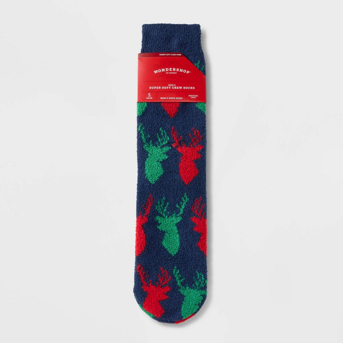 Men's Red Green Deer Cozy Crew Socks with Gift Card Holder - Wondershop Red/Green 6-12
