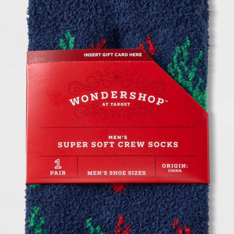 Men's Red Green Deer Cozy Crew Socks with Gift Card Holder - Wondershop Red/Green 6-12
