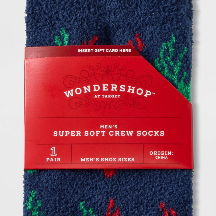 Men's Red Green Deer Cozy Crew Socks with Gift Card Holder - Wondershop Red/Green 6-12