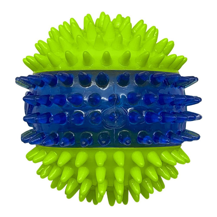 NERF 2.7" Translucent TPR 3-Part Spike LED and Squeak Ball Dog Toy - Green/Blue