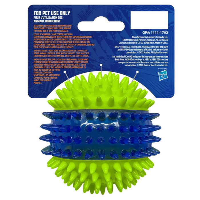 NERF 2.7" Translucent TPR 3-Part Spike LED and Squeak Ball Dog Toy - Green/Blue