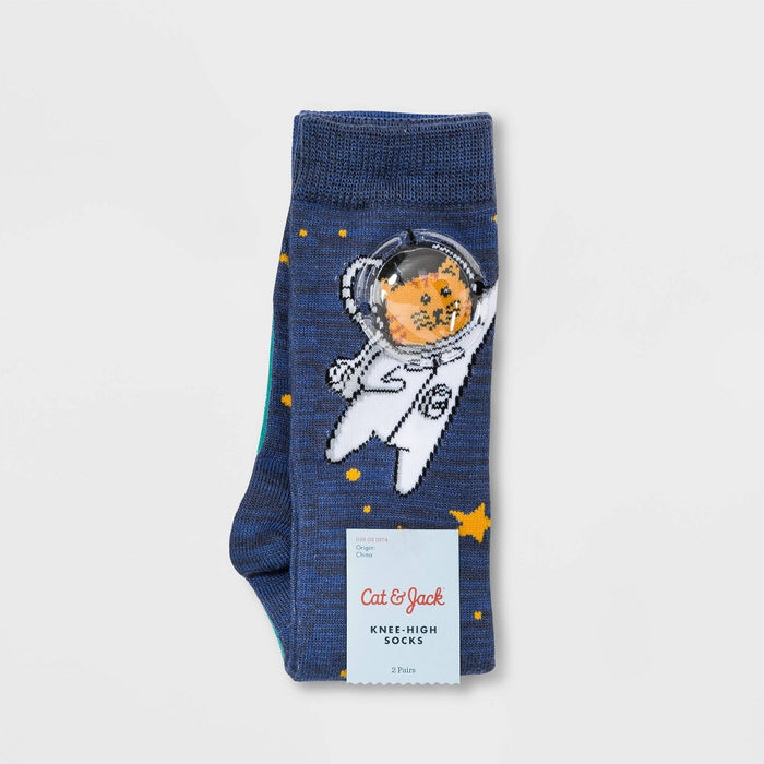 Girls' Adaptive 2pk Cat Space Knee High Socks - Cat & Jack Violet/Green S