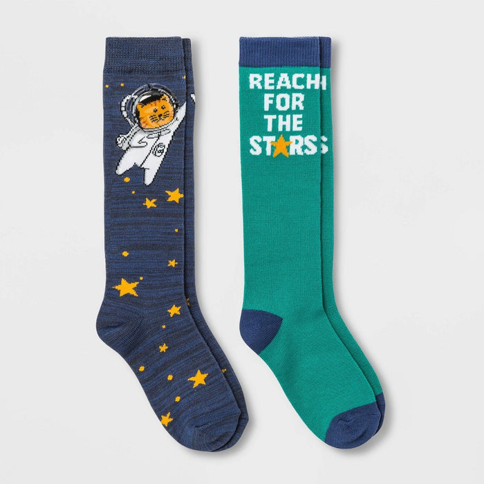Girls' Adaptive 2pk Cat Space Knee High Socks - Cat & Jack Violet/Green S