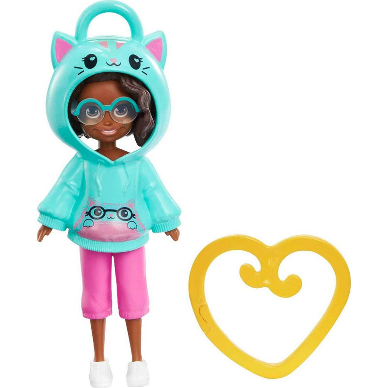 Polly Pocket Friend Clips Shani Doll with Cat Hoodie and Heart-Shaped Clip