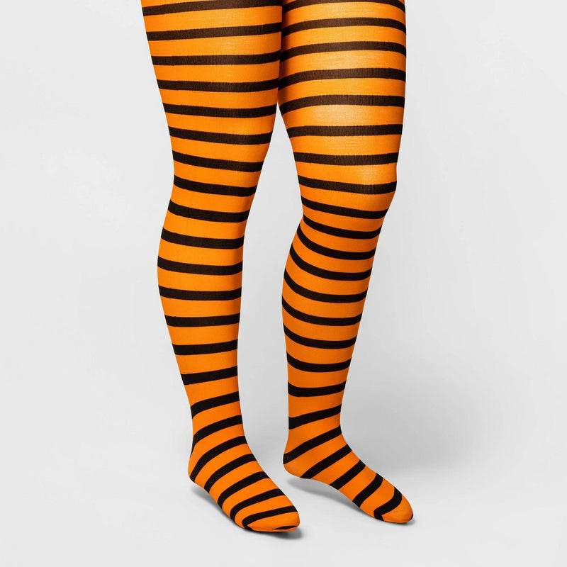 Women's Plus Size Striped Opaque Halloween Tights - Hyde & EEK! Boutique Black/Orange 1X/2X