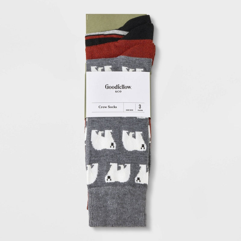 Men's Polar Bear Socks 3pk - Goodfellow & Co Gray/Red 7-12